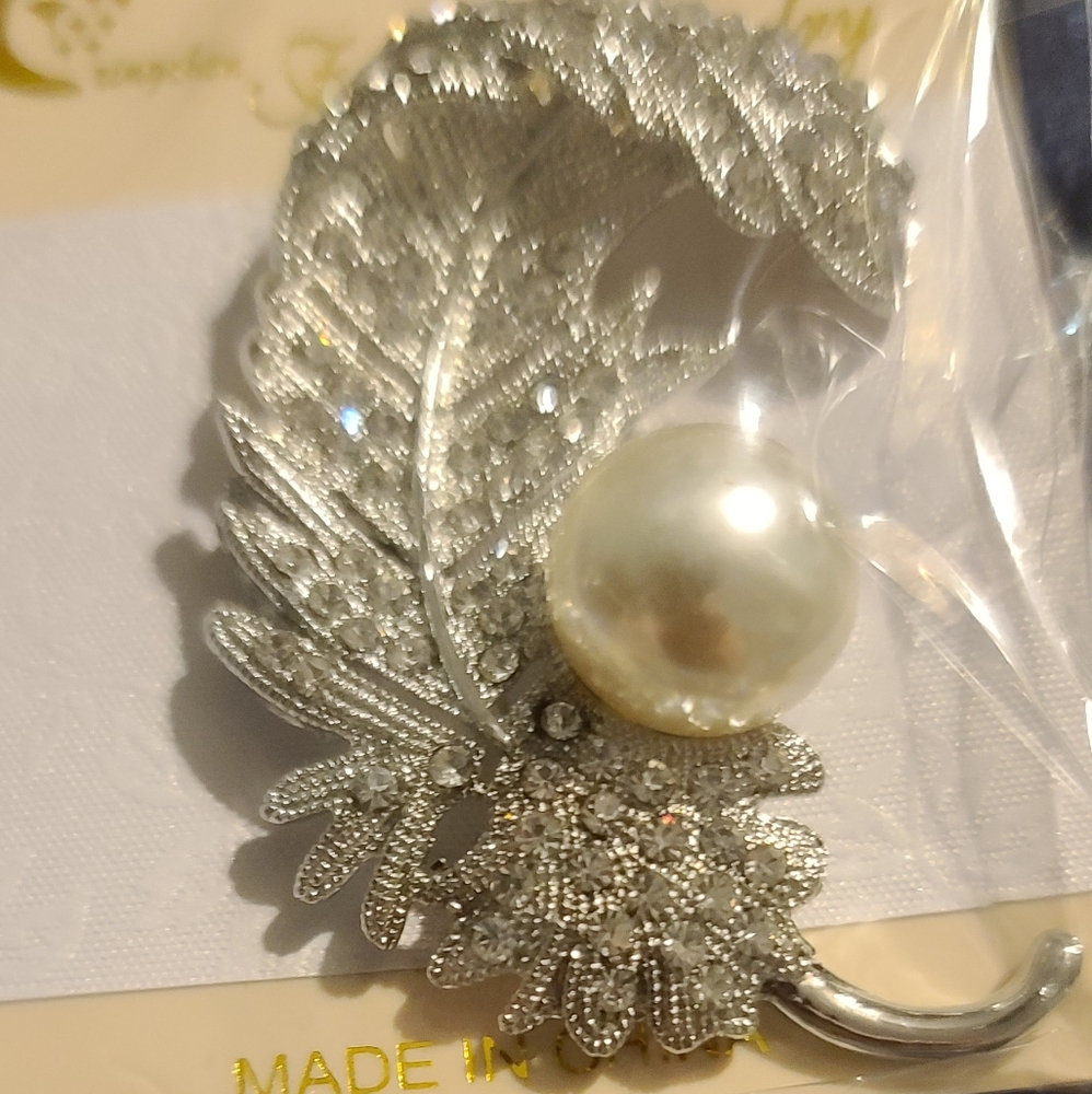 Silver-tone and crystal feather broach pin
